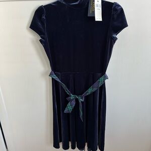 Ralph Lauren Navy Velvet Dress with Plaid Sash